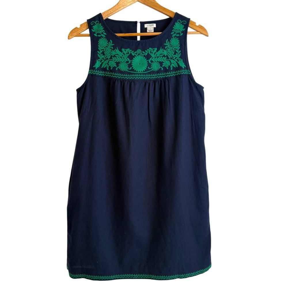 J Crew Factory Navy Blue Linen Floral Green Embroidery Sleeveless Shift Dress - Picture 2 of 7
